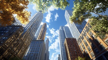 A low-angle photograph of tall buildings the sky