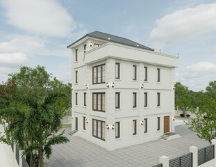 3D Rendering of a modern apartment building exterior in the evening view with lawn grass.
