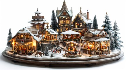 Obraz premium A miniature Christmas market scene with twinkling lights, isolated on white background