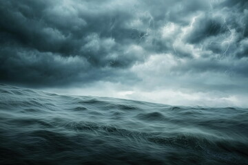 Obraz premium Storm at sea. - Rough ocean waves under a dark, stormy sky filled with heavy cloud - dramatic, intense atmosphere with turbulent waters 