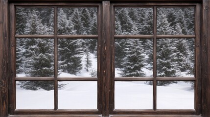 Serene Snowy Winter Landscape Viewed Through Large Rustic Wooden Window with Clear Panes