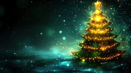 A glowing Christmas tree adorned with lights and a star, set against a dark, snowy background.