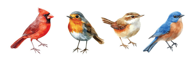 Bird Set Watercolor Illustration. Realistic close-up images of red cardinal, eastern bluebird, goldfinch, robin, and wren. Beautiful avian collection for garden and forest themes on a white background