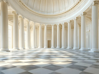 3D Illustration - Grand Hall White Columns Checkered Floor Sunlight