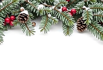 Snowy pine branches with red berries and pine cones, on a white background.