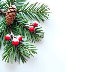 Snowy pine branches with red berries and pine cones, on a white background.