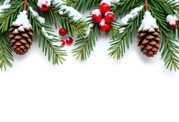 Snowy pine branches with red berries and pine cones, on a white background.