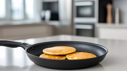 Delicious golden pancakes cooking in a black frying pan on a modern kitchen countertop with blurred appliances in the background for a cozy breakfast scene.