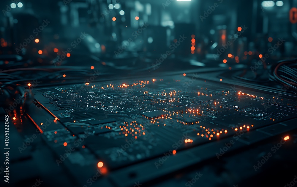 Leinwandbilder a close-up view of a circuit board illuminated by glowing lights, showcasing intricate details and a