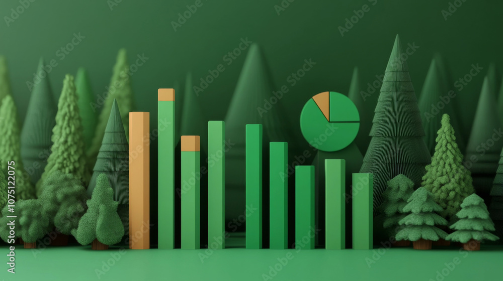 Poster impactful environmental data report visualized with green toned graphs and charts in 3d