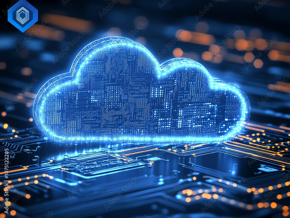 Poster a glowing blue cloud icon sits atop a circuit board, representing cloud computing and data storage.