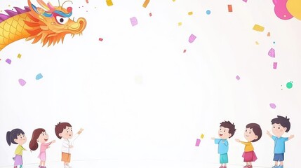 Obraz premium Children celebrate with a colorful dragon during a festive cultural event.