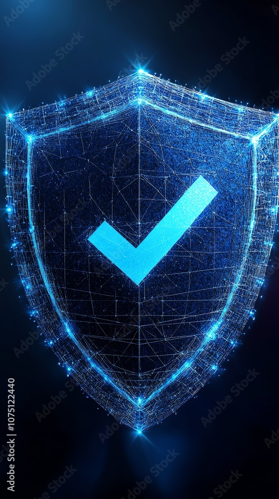 Poster a glowing blue check mark inside a digital shield, representing security and safety.