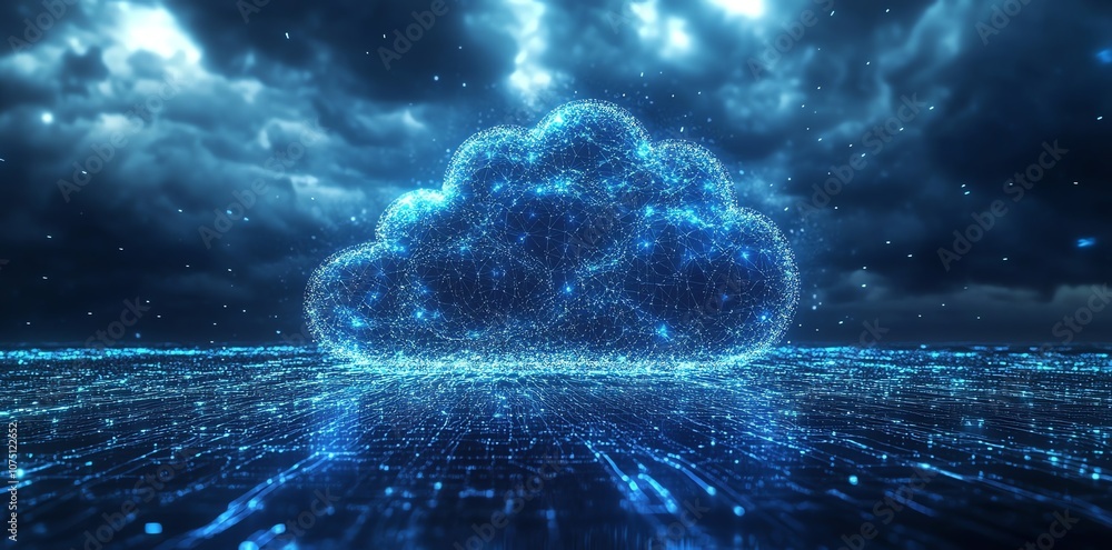 Poster a glowing blue cloud icon, composed of digital particles, stands out against a dark cloudy sky, sign