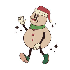 Vector hand drawn mascot smiling walking snowman in a Santa hat