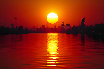 Illustration of Fiery Sunset Over Industrial Port Cityscape