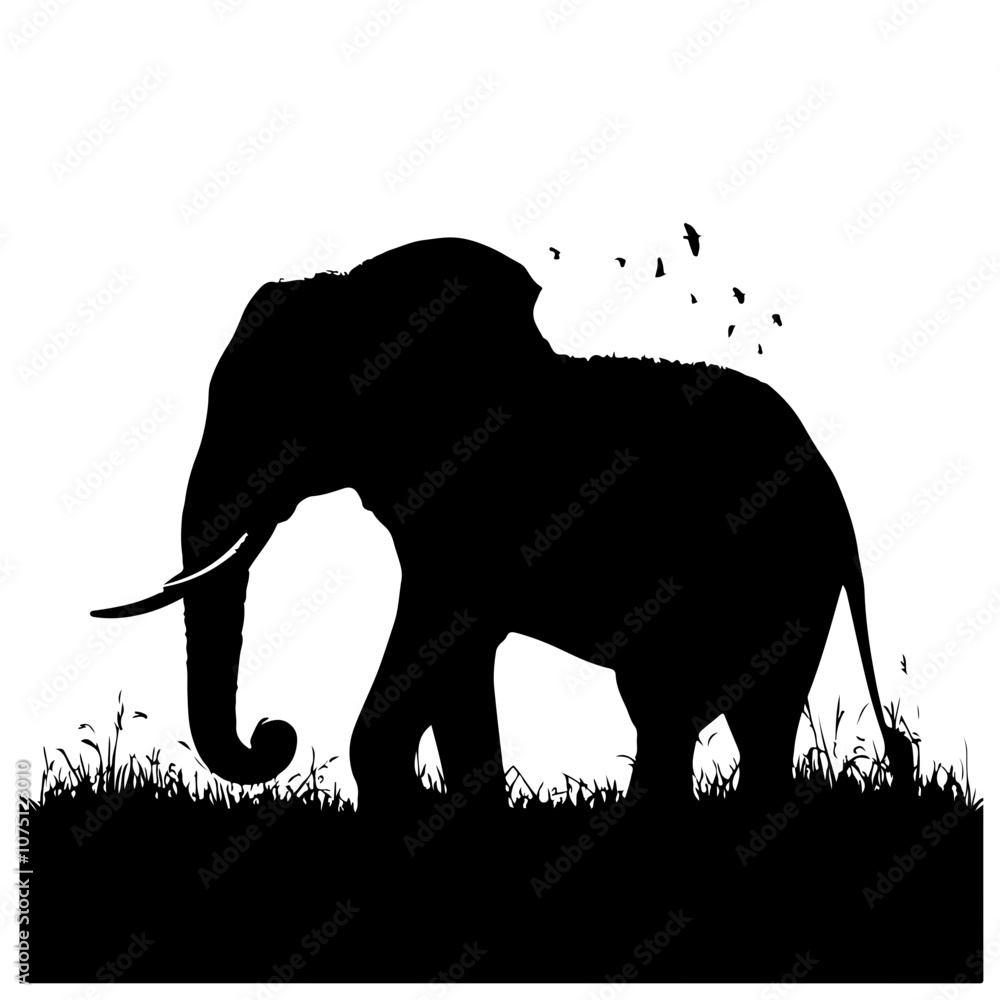 Wall mural elephant silhouette line art black and white illustration, isolated on transparent background