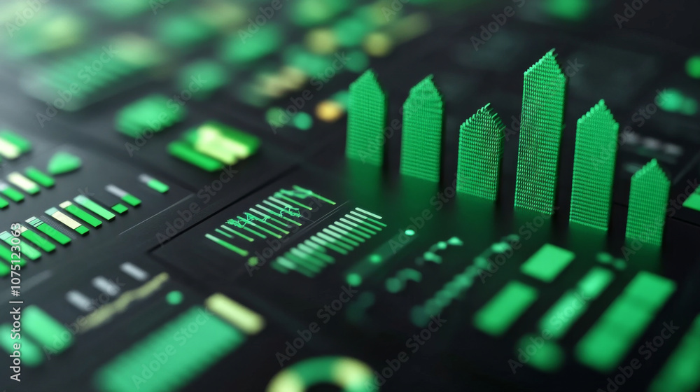 Poster sustainable progress report with green energy visualizations in organized 3d layout