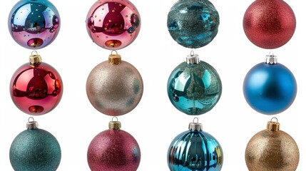 A mix of colorful Christmas ornaments, glittery and shiny, isolated on white background