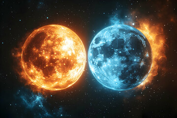 Obraz premium Illustration - Cosmic Duo, Fire and Ice Planets in Starry Space