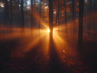 Fototapeta premium Photo, Sunrise in Foggy Autumn Forest