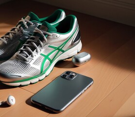 A pair of stylish silver and green running shoes sits beside wireless earbuds and a smartphone on a wooden floor, capturing an athletic lifestyle. The natural lighting enhances the sleek design