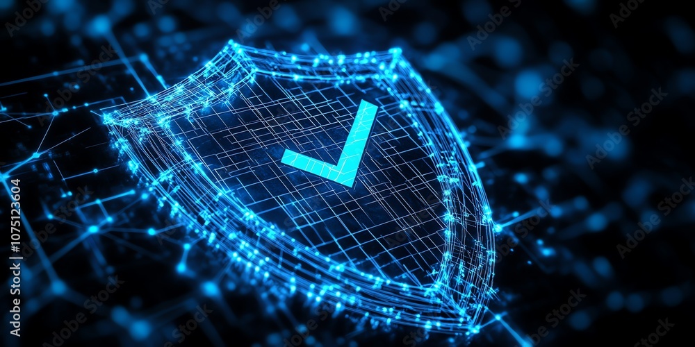 Poster A glowing blue digital shield with a checkmark in the center against a dark background with sparkling blue lights.