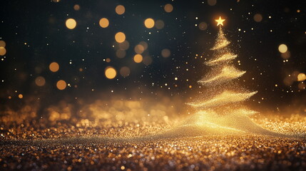 Naklejka premium Sparkling Christmas Tree Outline with Glittering Bokeh and Warm Holiday Glow - Shimmering Particles and Festive Lights