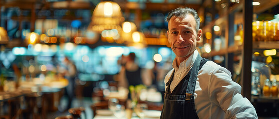 Obraz premium Friendly waiter with an apron, smiling warmly in a cozy restaurant. Blurred lights in the background create an inviting ambiance.