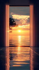 Fototapeta premium Illustration - Golden Sunset Ocean View Through Curtains