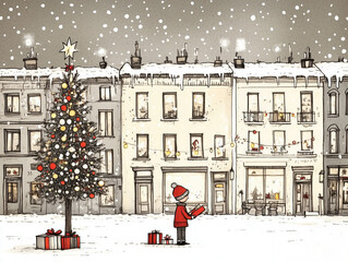 Illustration of a child with a gift on a background of a Christmas tree.