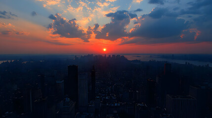 Fototapeta premium Illustration New York City Sunset Cityscape Urban Skyline Clouds Dusk