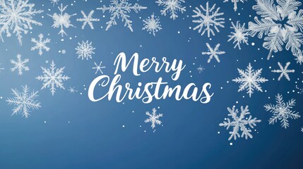Snowflakes in various sizes and styles on a blue gradient background, "Merry Christmas" in white, simple and modern, [minimalist holiday], [snowflake magic]