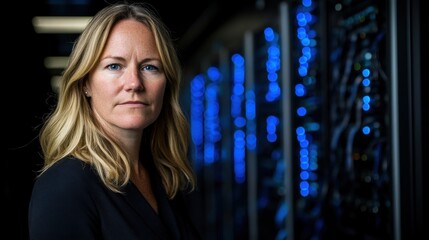 Female Computer Scientist in Front of Server Rack