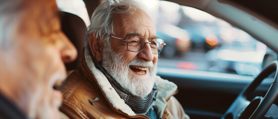 Older man with a beard and glasses laughing heartily with a friend in a car. A joyful moment shared on a casual outing.