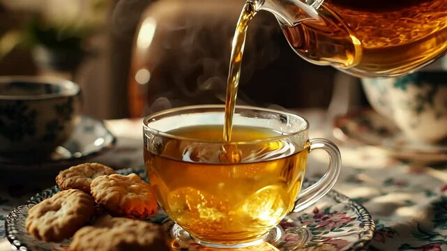A teapot is pouring tea into a cup