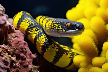 Obraz premium A banded sea snake curiously poking its head out from a crevice in a reef, with its vivid black and yellow bands contrasting against the soft hues of the corals