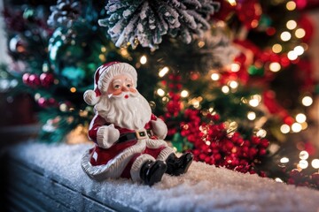 Santa Claus figurine sitting on snow near a decorated Christmas tree.