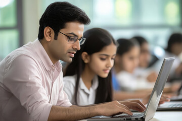 A male Indian teacher helping students in the computer lab, with happy and smiling expressions of the children using computers.
