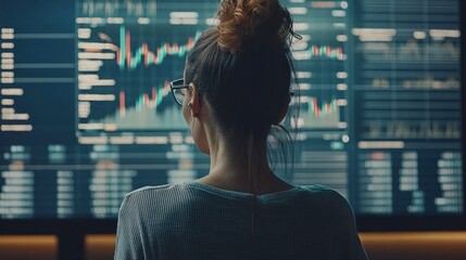Female Data Analyst Reviewing Charts on Large Screen