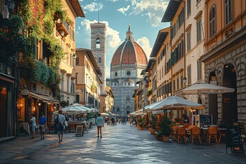 Visitors leisurely walk along a sunlit street in Florence, admiring the stunning cathedral and vibrant outdoor cafes, showcasing the city's rich history and architecture on a beautiful day