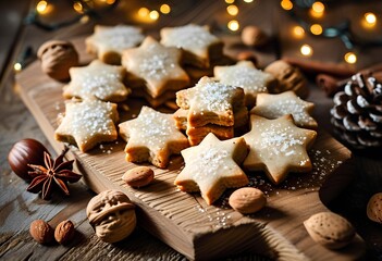 Fototapeta premium Star-shaped Christmas cookies with powdered sugar, cozy holiday treat