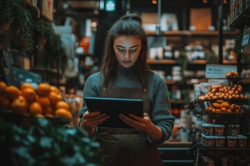 Young woman updating inventory on tablet in fruit shop