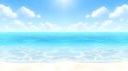 Fototapeta premium Tranquil Beach Scene with Crystal Clear Water and Blue Sky, ocean, sea, clouds, sand, summer