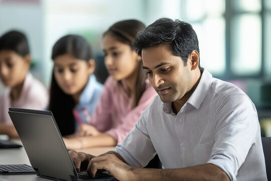 A male Indian teacher helping students in the computer lab, with happy and smiling expressions of the children using computers.