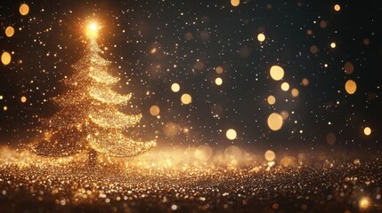 Fototapeta premium Shimmering Christmas Tree with Warm Golden Lights and Sparkling Decorations