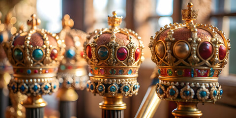 Fototapeta premium Detailed Close Up of Reyes Magos Ceremonial Scepters Showcasing Ornate Designs and Symbolic Significance, Ideal for Magazine Advertisements or Banners with Ample Copy Space for Text