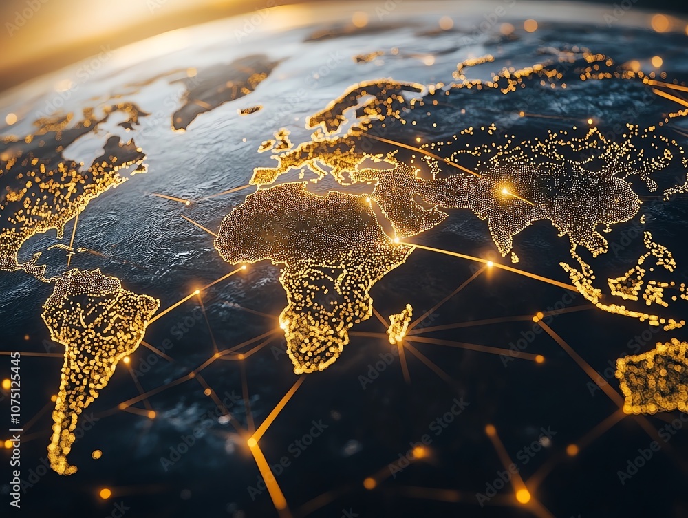 Aufkleber a glowing network of lines and dots connects the continents on a dark blue globe.