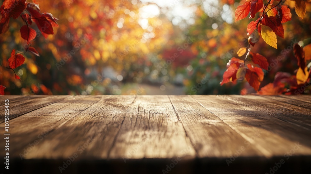 Poster a close-up view of an empty wooden tabletop with a rich, grainy surface, illuminated by soft natural