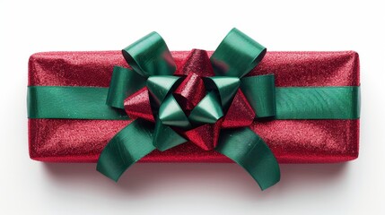 A red Christmas gift with a green bow, isolated on a white background